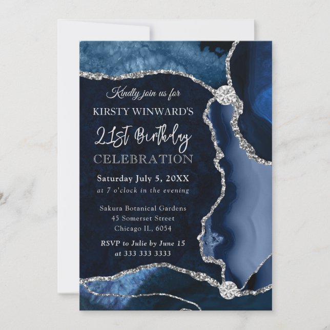 Invitation Bleu et Argent Faux Parties scintillant Agate Anni (Devant)