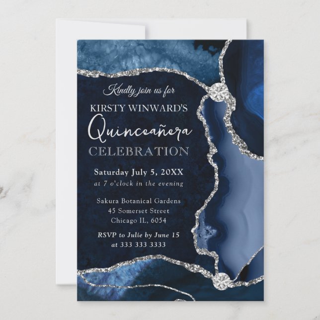 Invitation Bleu et Argent Faux Parties scintillant Agate Quin (Devant)