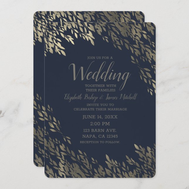 Invitation Bleu et Argent Feuille Chic Rustique Mariage (Devant / Derrière)