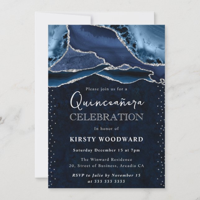 Invitation Bleu et Argent Paillettes Agate Quinceanera (Devant)