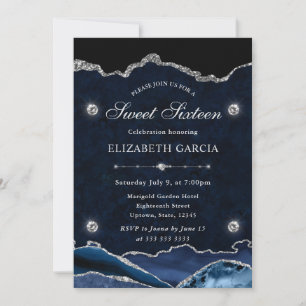 Invitation Bleu et Argent Paillettes Agate Sweet 16