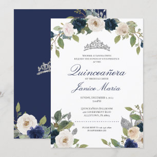 Invitation Bleu et Argent Tiara Floral Elegant Quinceañera