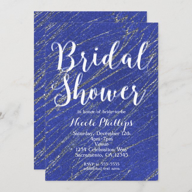 Invitation Bleu et argenté Fête des mariées en marbre (Devant / Derrière)