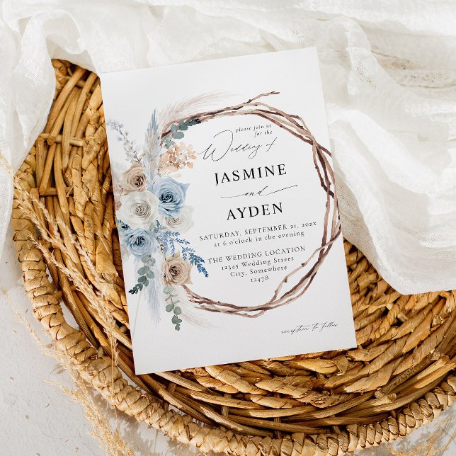 Invitation Bleu et beige Boho Floral Wreath Mariage Bleu (Créateur téléchargé)