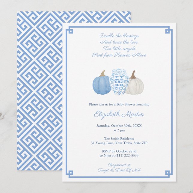 Invitation Bleu Et Blanc Automne Jumeaux Baby shower Petits G (Devant / Derrière)