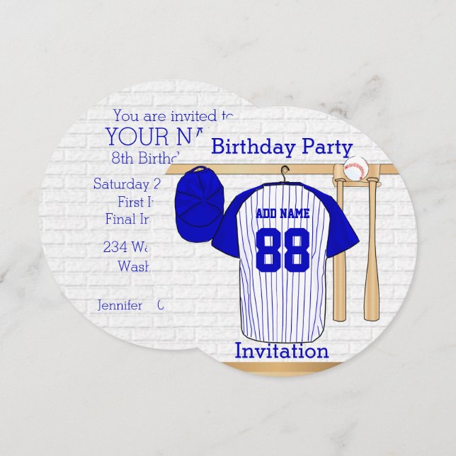 Invitation Bleu et blanc Baseball Jersey Anniversaire (Devant / Derrière)