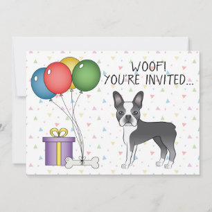 Invitation Bleu Et Blanc Boston Terrier Cute Dog - Anniversai