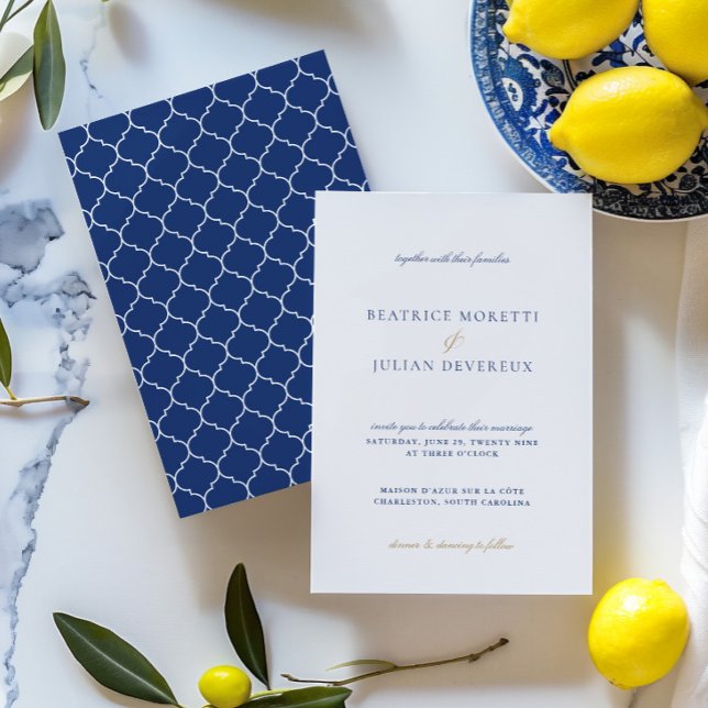 Invitation Bleu et blanc classique Mariage carrelage méditerr (Blue & White Classic Mediterranean Tile Wedding Invitation)
