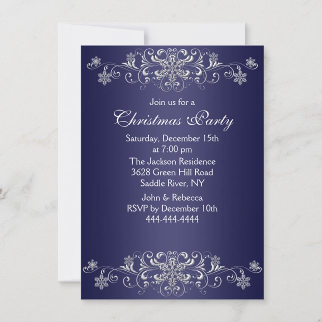 Invitation bleu et blanc de fête de Noël de flocon (Devant)