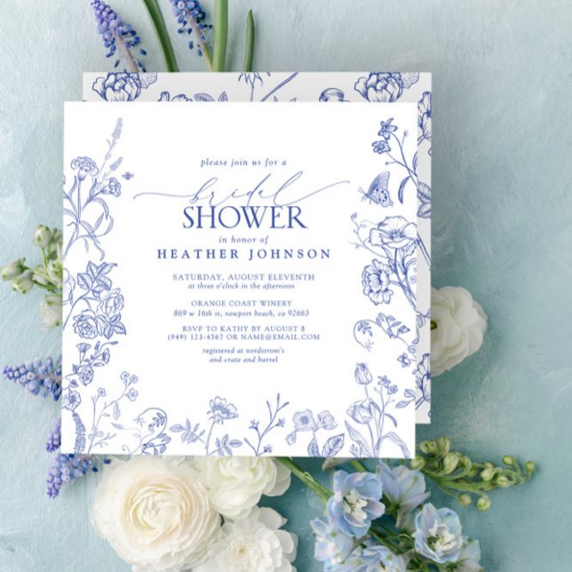 Invitation Bleu et blanc : douche de mariée victorienne flora (Easily personalize this beautiful bridal shower invitation for a gorgeous Regency style shower!)