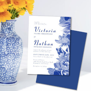 Invitation Bleu et blanc Lotus Floral Chinoiserie Mariage