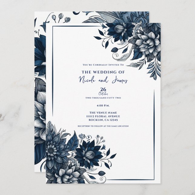 Invitation Bleu et blanc Mariage floral en verre de Bohême (Devant / Derrière)