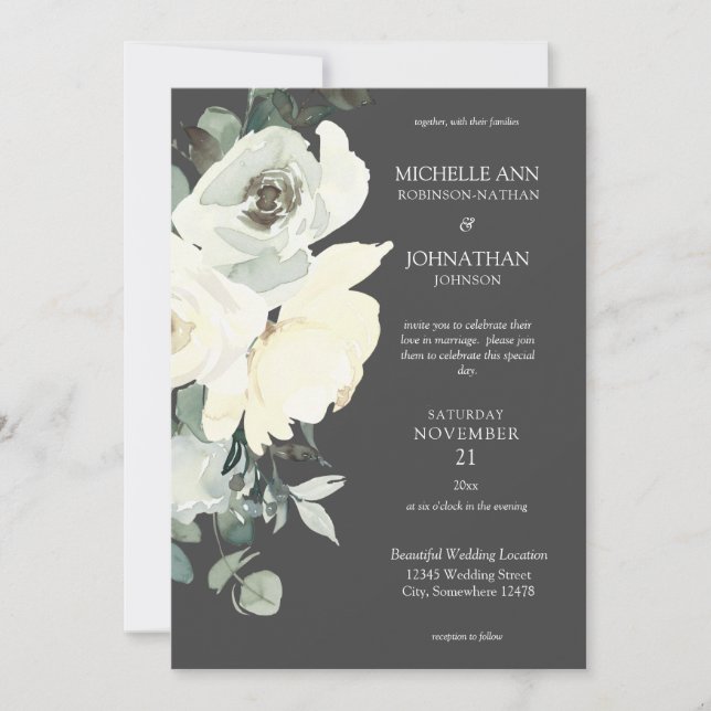Invitation Bleu et blanc Mariage floral - gris (Devant)