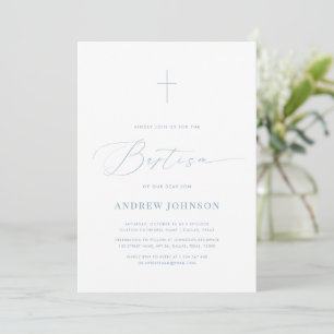 Invitation Bleu et blanc minimaliste Élégant Christening Scri