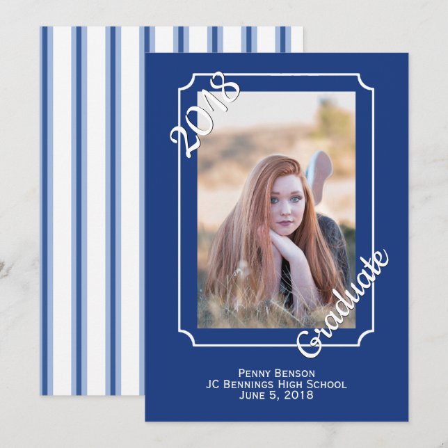 Invitation Bleu et blanc Moderne Photo Graduation Annouement (Devant / Derrière)