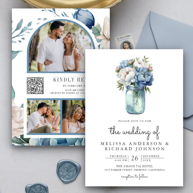 Invitation Bleu et blanc Peony Mason Jar QR Code Mariage (Créateur téléchargé)