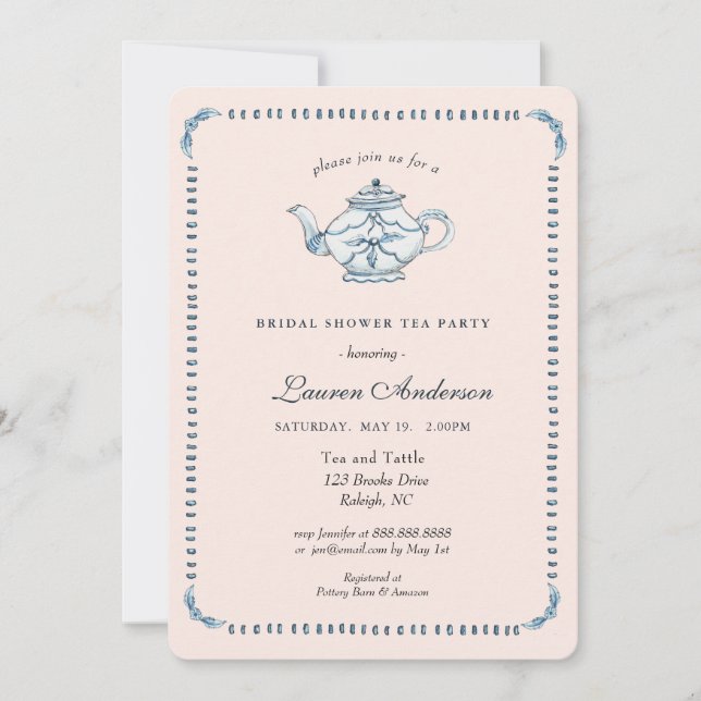Invitation Bleu et blanc sur la douche nuptiale Teapot (Devant)