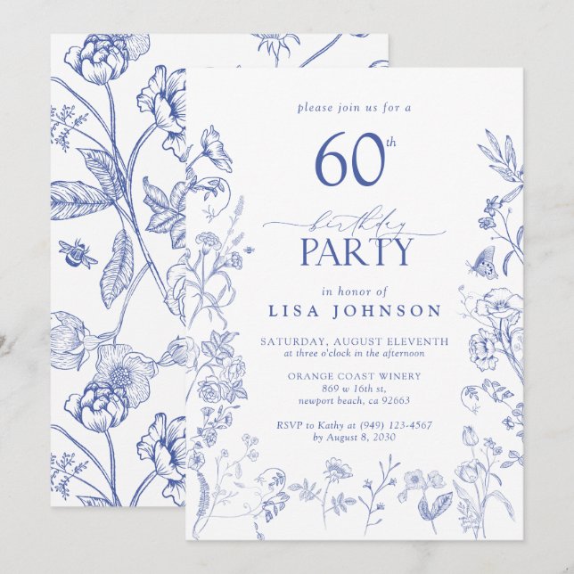 Invitation Bleu et blanc Victorien 60e fête d'anniversaire Fl (Devant / Derrière)