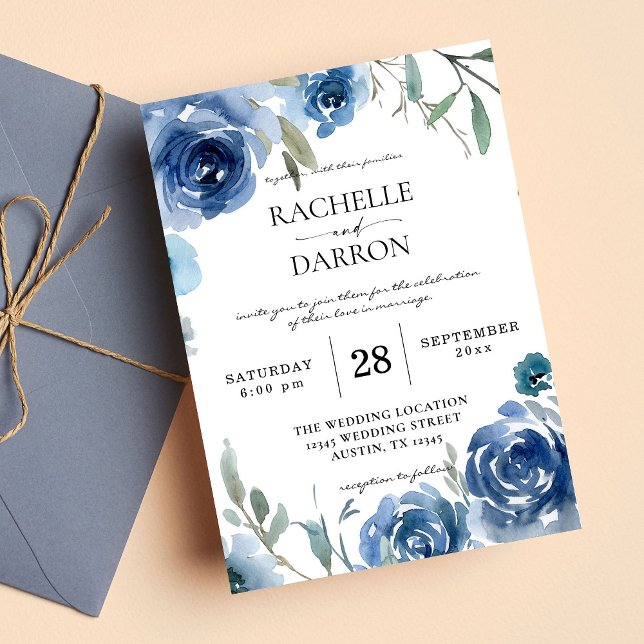 Invitation Bleu et bleu Mariage floral (Créateur téléchargé)
