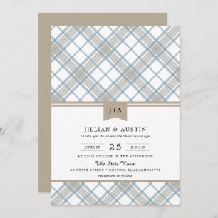 Invitation Bleu et bronzage à plaid simple avec Mariage Monog