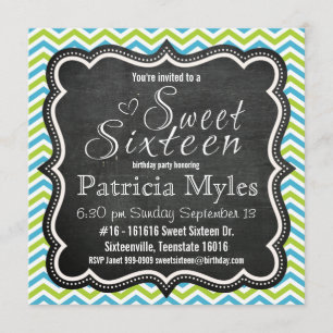 Invitation Bleu et citron Chevron Chalkboard Sweet 16 Party