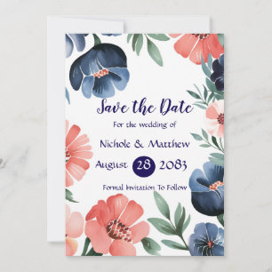 Invitation Bleu et corail Bouquet Mariage Enregistrer les car