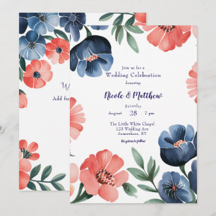 Invitation Bleu et corail peint Bouquet Mariage Célébration