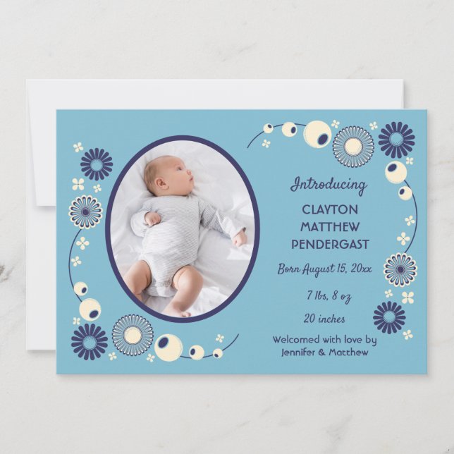 Invitation Bleu et crème Floral Baby Boy Annouement de naissa (Devant)