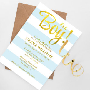 Invitation Bleu et Faux Gold Stripes Baby shower garçon
