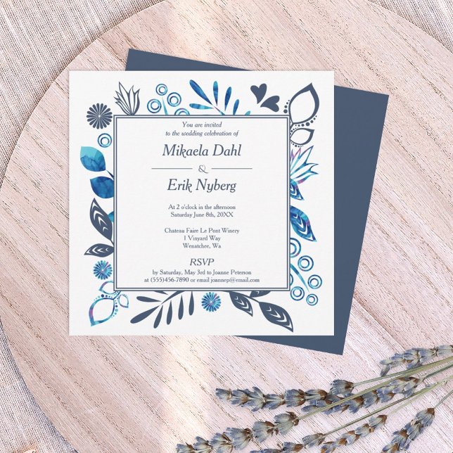 Invitation Bleu et feuilles fleurs gris-bleu Bordure Mariage (navy blue and bright blue floral wedding invitation with decorative, square border frame)