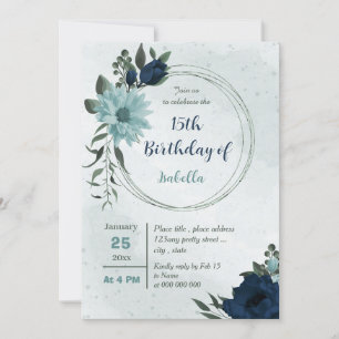 Invitation Bleu et fleurs marine Dusty anniversaire géométriq