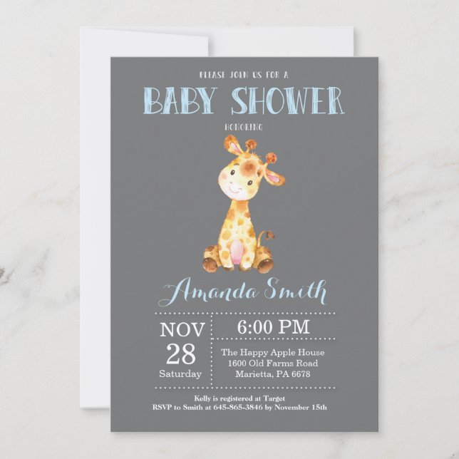 Invitation Bleu et gris d'invitation de baby shower de girafe (Devant)