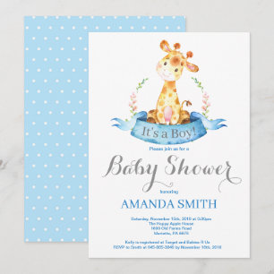 Invitation Bleu et gris d'invitation de baby shower de girafe