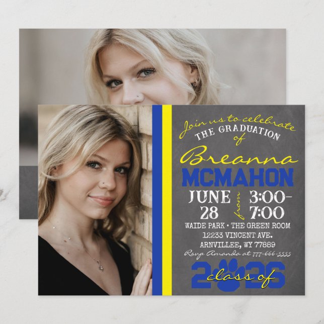 Invitation Bleu et jaune Empreinte de patte Graduation 2 Phot (Devant / Derrière)