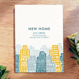 Invitation Bleu et jaune nouvelle maison avec ville de dessin