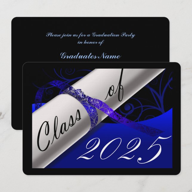 Invitation Bleu et noir Graduation Party (Devant / Derrière)