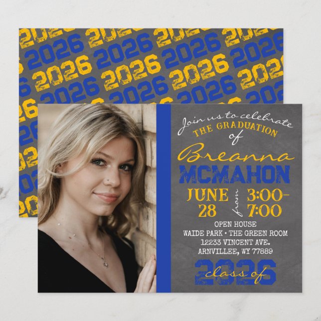 Invitation Bleu et or Chalkboard Graduation Photo (Devant / Derrière)