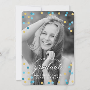 Invitation Bleu et or Confetti Chalkboard Photo Graduation