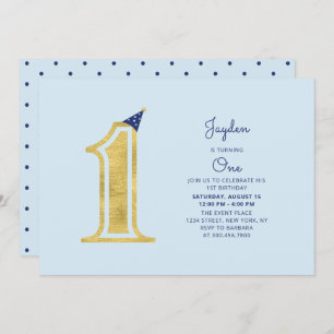 Invitation Bleu et or   Cute Modern Boy 1ère fête d'anniversa