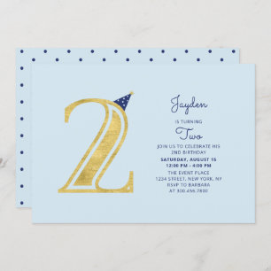 Invitation Bleu et or Cute Modern Boy 2e fête d'anniversair