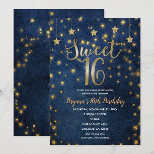 Invitation Bleu et Or Étoiles Ciel Céleste Fête Douce 16 Ans