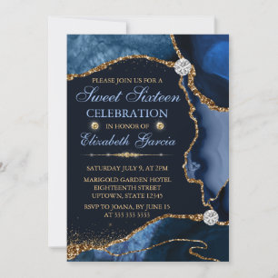 Invitation Bleu et Or Fausse Agate Brillante Sweet Sixteen