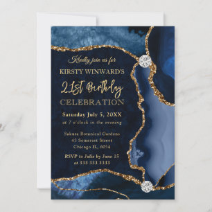 Invitation Bleu et Or Faux Paillettes Anniversaire Agate