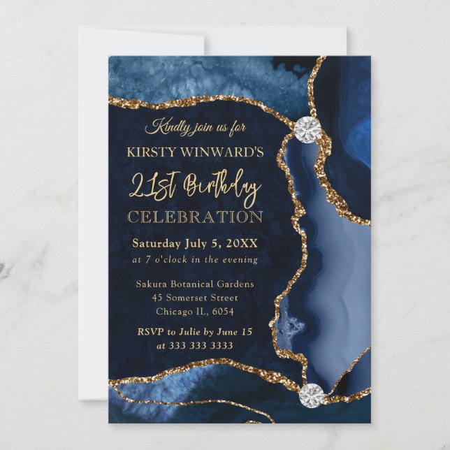 Invitation Bleu et Or Faux Paillettes Anniversaire Agate (Devant)