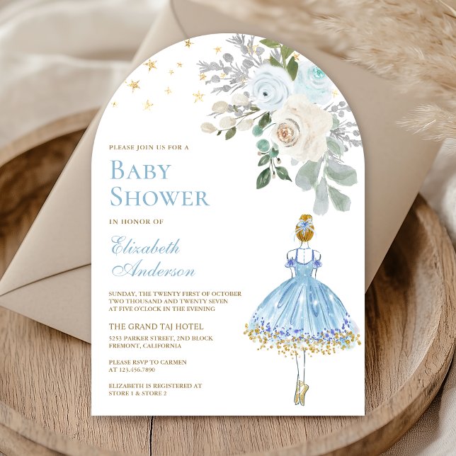 Invitation Bleu et or Floral Ballerina Arch Baby shower (Créateur téléchargé)