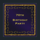 Invitation Bleu et or homme à double face 70e anniversaire<br><div class="desc">Elégante personnalisation / personnalisation personnalisée double face 70e anniversaire invitations de fête pour hommes et garçon. L'avant de cette invitation d'anniversaire a une belle bordure de tourbillons d'or imprimé sur un arrière - plan bleu foncé avec une frontière abstraite d'or étonnante. Un invitation parfait pour n'importe quel garçon ou homme....</div>