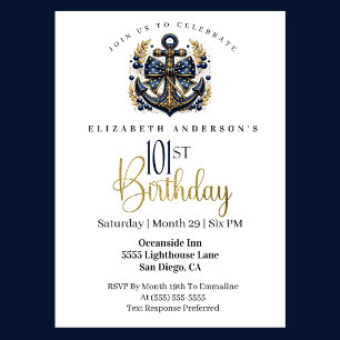 Invitation Bleu et Or Nautical Bow Anchor 101e Anniversaire