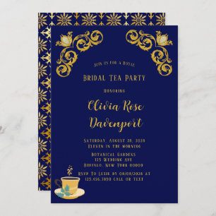 Invitation Bleu et or Royal Couronne Damask Bride Tea Party