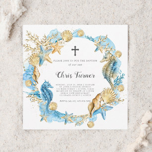 Invitation Bleu et or sous la mer Baptême