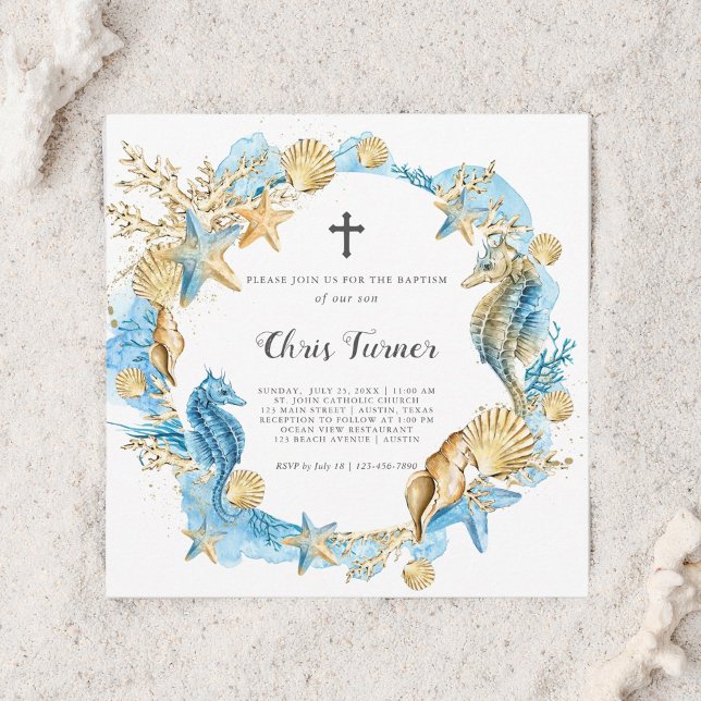 Invitation Bleu et or sous la mer Baptême (Créateur téléchargé)